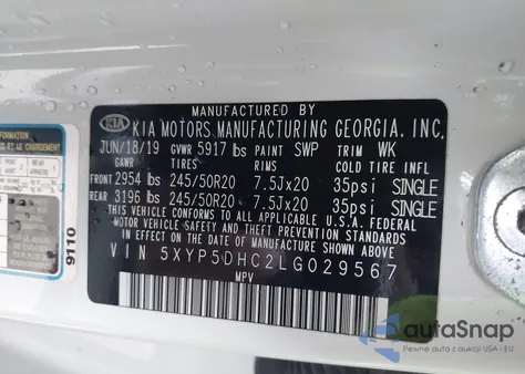 2020 Kia Telluride Sx z USA, uszkodzony, nr VIN 5XYP5DHC2LG029567